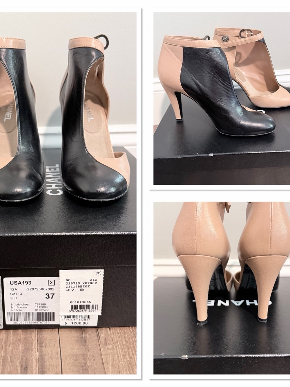 CHANEL Black and Beige Leather Ankle-Heel Pumps